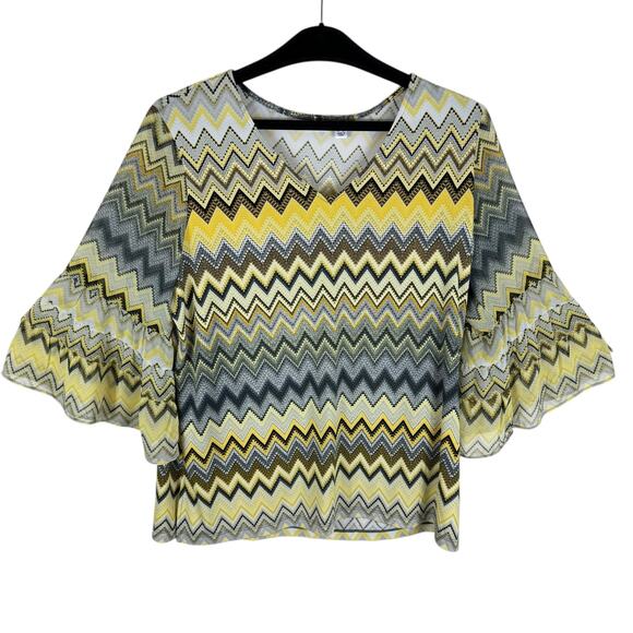 Susan Graver Yellow Gray Zig Zag 3/4 Bell Sleeve Lightweight V-Neck Blouse Sz L - Picture 1 of 6